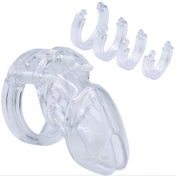 Must Have Cage Comparable with CB6000 Short Male Chastity Device 5 Different Cock Rings by Manhood Academy Made in USA for Adults Only (Transparent)