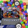 Monster Truck Theme party supplies 85Pcs semi truck Racecar Balloon Garland Set with Birthday Backdrop & Checkered Tablecloth | Perfect for toddler Boys Birthday Grave-themed monster truck decorations