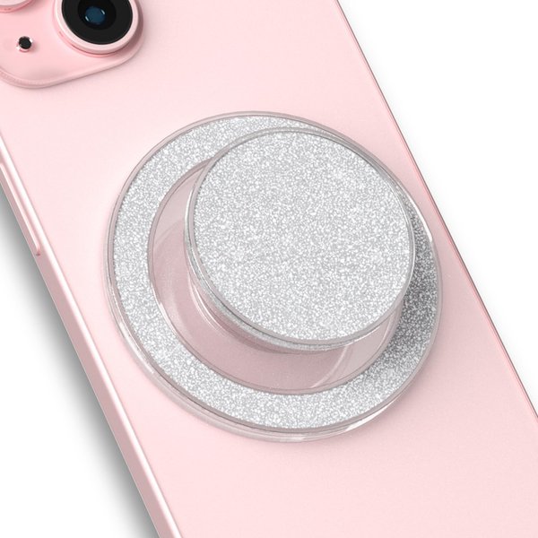 LOLLWIDY Glitter Phone Grip Compatible with MagSafe, Detachable Clear Phone Grip Holder Collapsible, Compatible with Kindle, Smartphone Tablet Cell Phone Accessory (Magnetic Type, Glitter Silver)