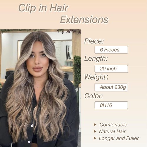 Clip in Hair Extensions Long Wavy Synthetic Hairpieces 20 Inch Light Brown Mix Warm Blonde 6PCS Thick Hairpieces Fiber Double Weft Hair for Women
