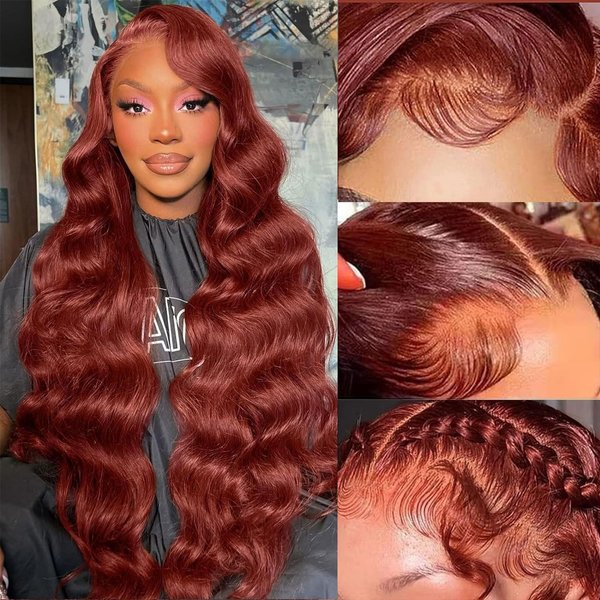 Aicrelery 28 Inch Reddish Brown 13x6 HD Lace Front Wigs Human Hair Body Wave Lace Front Wigs Human Hair Auburn colored Lace Front Wig Human Hair Glueless Wigs Super Soft True to length