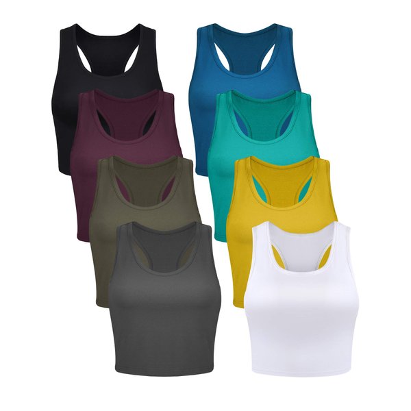 8 Pcs Women Basic Crop Tank Tops Sleeveless Racerback Crop Cotton Top (Black, White, Green, Yellow, Blue, Gray, Red, L)