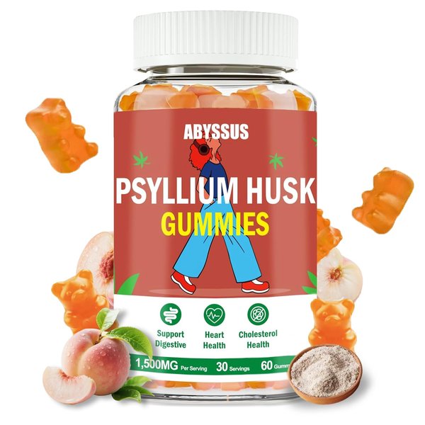 ABYSSUS Psyllium Husk Gummies 1500mg, Daily Psyllium Husk Fiber Supplement, Supports Digestive Health & Bloating Relief, Sugar-Free, Peach Flavor, 60 Count