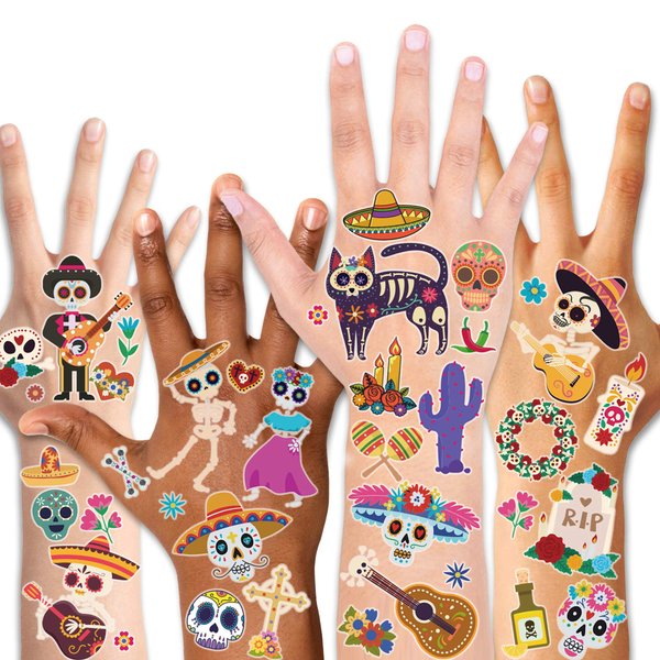 Konsait 125pcs Mexican Day Of The Dead Temporary Tattoos, Halloween Transfers Tattoo for Women Men Adult Kids Cinco de Mayo Celebration Halloween Festival Carnival Party Favor Supplies