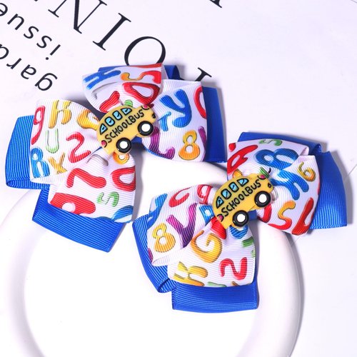 HIFANMM 2Pcs Back to School Hair Clips Blue Bow Hair Accessories for Girls Cute Cartoon School Bus Hairpins Funny Letter Alligator Hair Barrettes for School Opens Season Students Toddlers Kids Decor