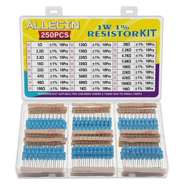 ALLECIN 25 Values 1W Metal Film Resistor Kit from 1 Ohm to 1M Ohm 1 Watt 1% Resistors Assortment