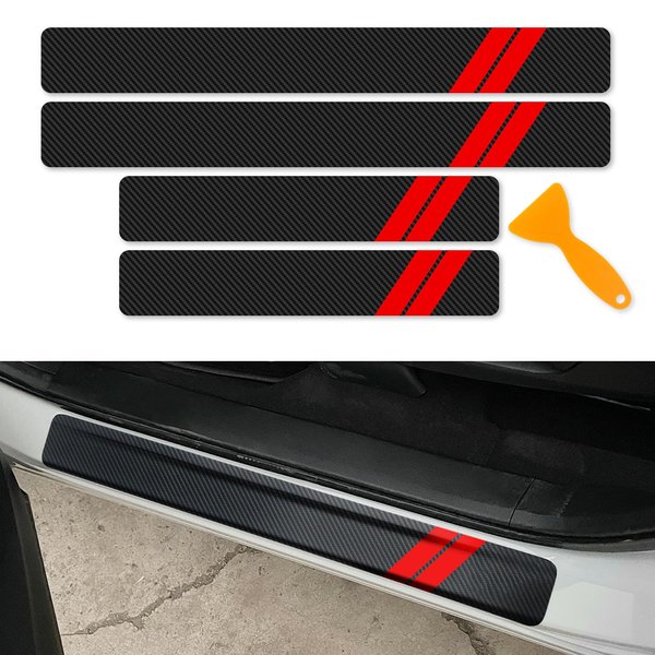 REMOCH 4 PCS Car Door Sill Protector for Dodge Charger Challenger Durango Accessories Door Entry Guard Sill Protector with Plastic Scraper Carbon Fiber Leather Threshold Stickers（Red）