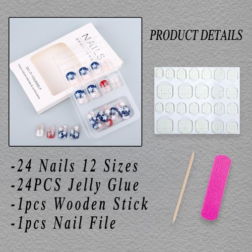 ROFIBUT 4th of July Press on Nails Short Square Fake Nails Glossy Red Blue French Independence Day Full Cover False Nails with white Stars Designs Reusable Glitter Glue on Nails for Woman Girls 24Pcs