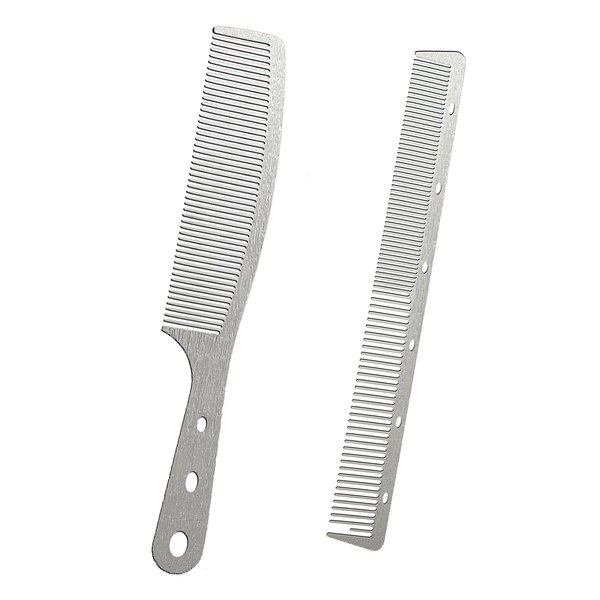 Dolmifapro 2 Pcs Metal Comb, Fine Tooth Comb, Stainless Steel Comb Set, Professional Barber Comb Hair Cutting for Hair Stylist, Easy Take, Anti Static, Heat Resistant, Travel comb, Wood Grain Design