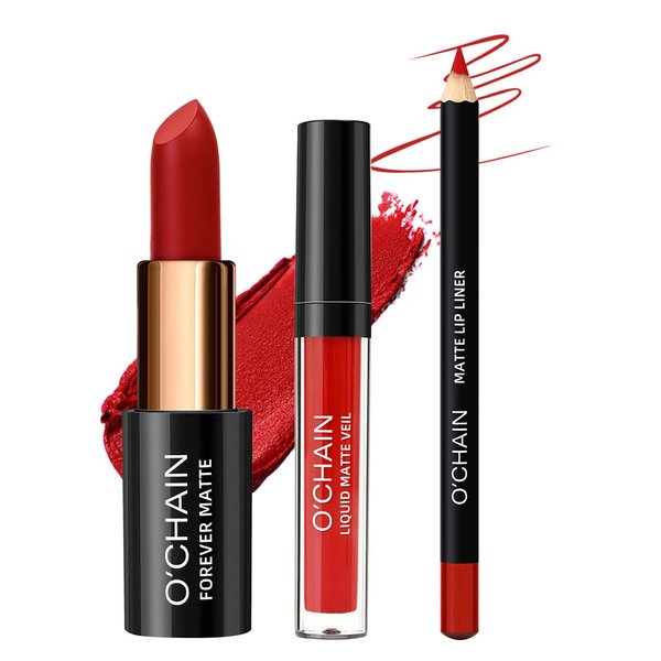 BAISEN DIARY Matte Lipstick & Matte Liquid Lipstick & Lip Liner Makeup Set, All in One Lips Makeup Kits Long-Lasting Wear Non-Stick Cup Not Fade Waterproof Lip Make Up Gift Set (04)