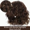 RENERSHOW Layered Short Ombre Brown with Blonde Highlight Wavy Bob Wigs for Women Mid-length Brown Wave Curly Wig Synthetic Side Part Natural Looking Daily Party Wig