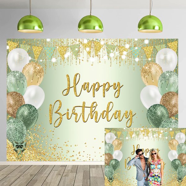 Sage Green Birthday Backdrop Green Glitter Ballon Happy Birthday Photography Background Sage Green 13th 16th 18th 20th 21st 30th Birthday Party Banner Decorations Supplies (8x6FT)