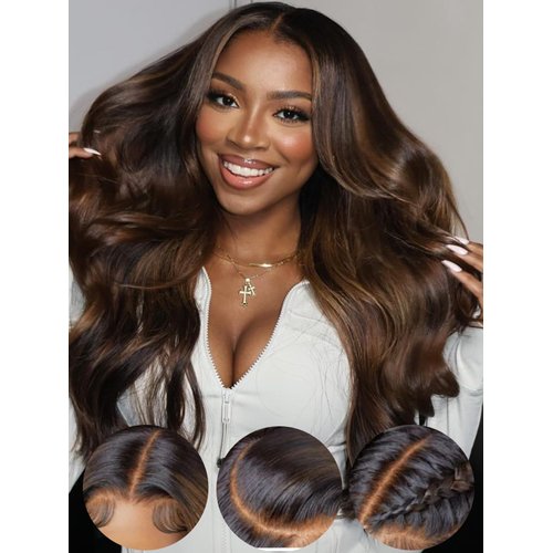 KLAIYI Ombre Brown Body Wave Bye Bye Knots Glueless Wig Pre Cut Lace Front Wigs Human Hair Chestnut Brown Loose Wave Pre Bleached Pre Plucked Wear and Go Wig with Dark Roots 30S Ready to Go Wig 16Inch