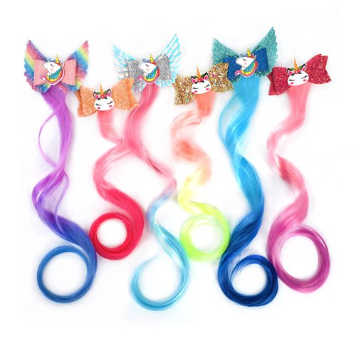 Xuxisowo 6-Colors Unicorn Hair Bows Clips Hair Accessories For Girls Kids Glitter Braided Curly Gradient Color Wig Hair Extensions（6PCS)
