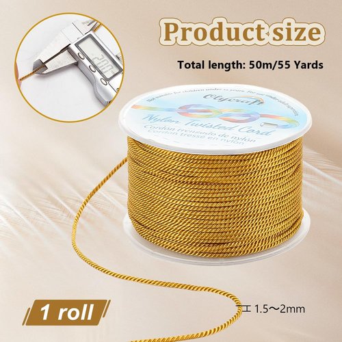 OLYCRAFT 55 Yards 1.5~2mm Twisted Satin Nylon Cord 3-Ply Goldenrod Twisted Cord Trim String Thread for Crafts and Jewelry Making