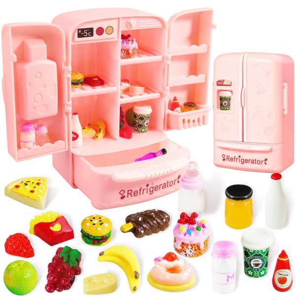 Mini Dollhouse Fridge Miniature Dollhouse Refrigerator Mini Fridge Toy with Food Mini Toy Refrigerator Kids Play Kitchen Furniture Toy Set