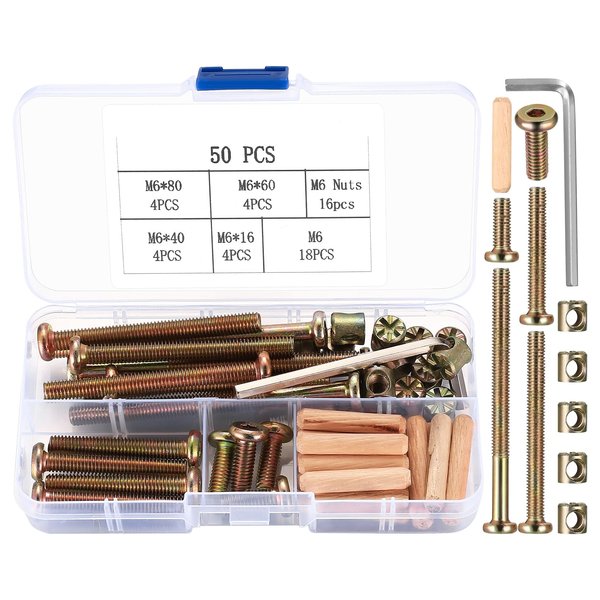 XhjzgcTech 16-Set Crib Screws Replacement Kit,Bolts & Barrel Nuts & Wooden Dowels, Hex Socket Head Cap Screws Nuts for Headboards Furniture，Wooden Double beds Replacement Kit