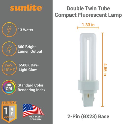Sunlite 40543 PLD13/SP65K/10PK Double Twin Tube Compact Fluorescent Lamp, PLD 2-Pin, 13 Watts, 660 Lumens, 6500K Daylight, 2-Pin (GX23-2) Base, 10 Pack