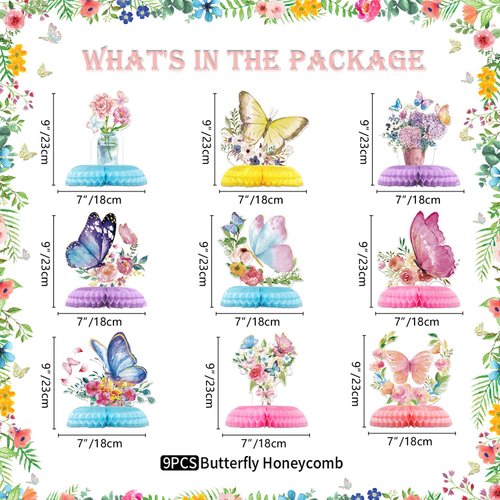 PIXHOTUL Butterfly Centerpieces for Tables - 9 PCS Butterfly Honeycomb Table Centerpieces, 1 PC Butterfly Tablecloth Butterfly Party Decorations for Girl Birthday Baby Shower