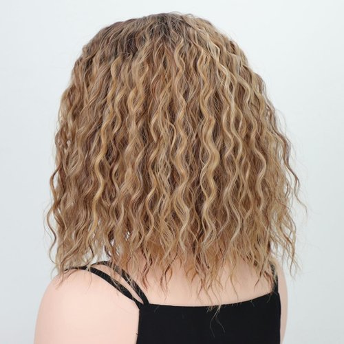 Fencca Medium Length Ombre Blonde Curly Wigs for Women Mix Blonde Curly Bob Wig Synthetic Hair Replacement Wig