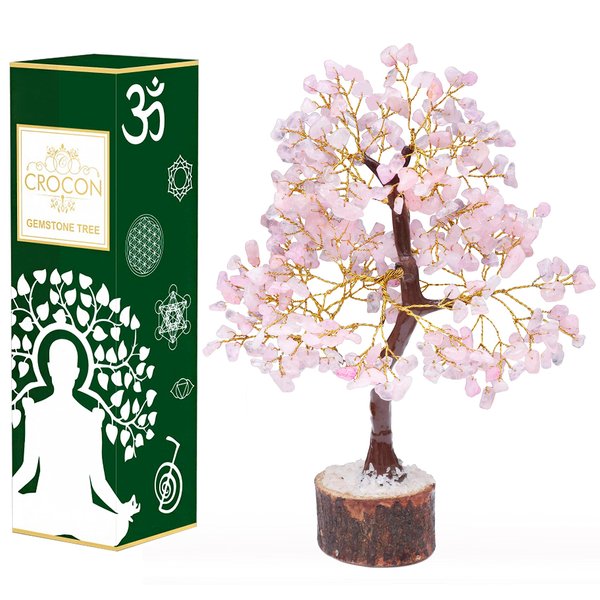 Rose Quartz Gemstone Tree - Crystal for Positive Energy, Handmade Chakra Tree, Feng Shui Figurine Money Bonsai, Good Luck Reiki Healing Crystals, Decoration Ornament Sculpture Prosperity Gift