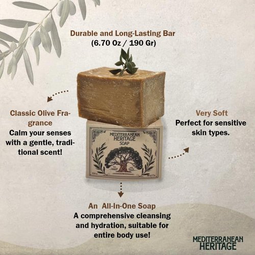 Mediterranean Heritage Aleppo Olive Oil Soap Bar For Sensitive Skin, Hair, Face & Body, 15% Laurel Oil, 85% Olive Oil.