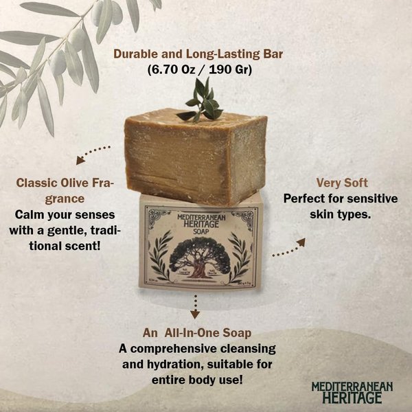 Mediterranean Heritage Aleppo Olive Oil Soap Bar For Sensitive Skin, Hair, Face & Body, 15% Laurel Oil, 85% Olive Oil.