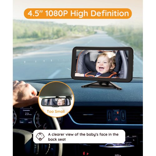 Babyvue Baby Car Camera Plug-Play, 4.5" 1080P HD Crystal Clear View Baby Car Mirror Monitor with 3X Zoom, Safety 360 Rotation Rear Facing Car Seat for Baby, Baby Travel Essential