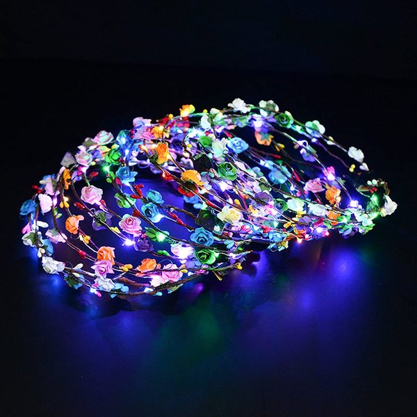 20 Pcs LED Flower Crown Headband, Light Up Flower Headbands for Women, Garlands Glowing Floral Wreath Crowns for Wedding Beach Party Birthday Cosplay (Diameter 19CM/7.4Inch)