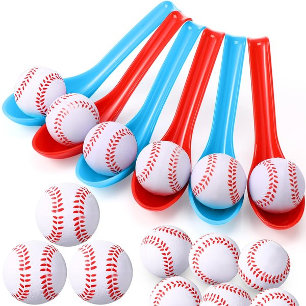 PullCrease 12 Pack Baseball Theme Party Game Spoon Relay Race Toy Set for Kids Adults Baseball Foam Ball and Spoon Race Game for Sports Party Indoor Outdoor School Class Birthday Party