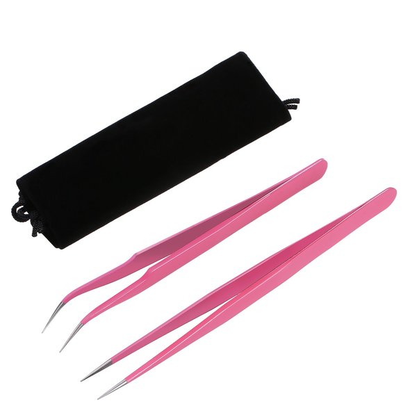 Hotop 2 Pieces Straight and Curved Tip Tweezers Eyelash Extension Tweezers, Stainless Steel False Lash Application Tools (Pink)