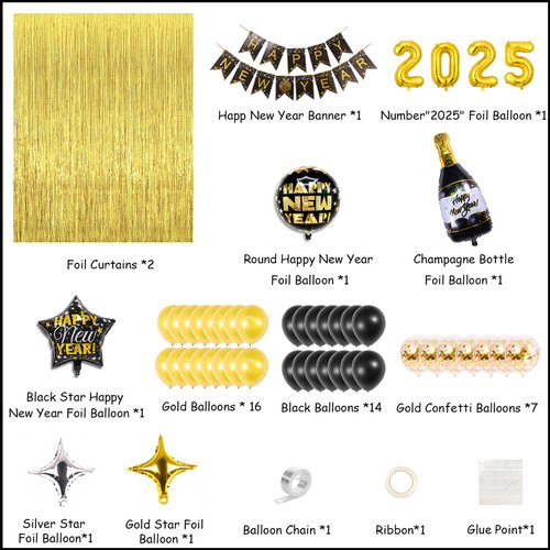 HeyMate Happy New Years Decorations 2025, New Years Eve Party Supplies 2025 , Black Gold New Years Eve Party Decorations Supplies