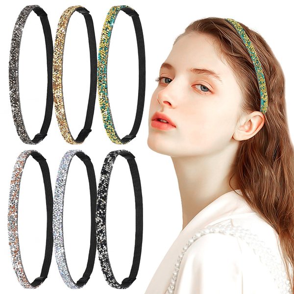 Beaupretty 6pcs Glitter Headband Woman Elastic Headband Non-slip Headband Rhinestone Hairband for Sports and Yoga