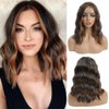Mychanson Short Brown Wig Synthetic Shoulder Length Ombre Brown Bob Wigs For Women Middle Part Wavy Curly Wig Daily Use (14Inch,Dark Brown Mix Brown)