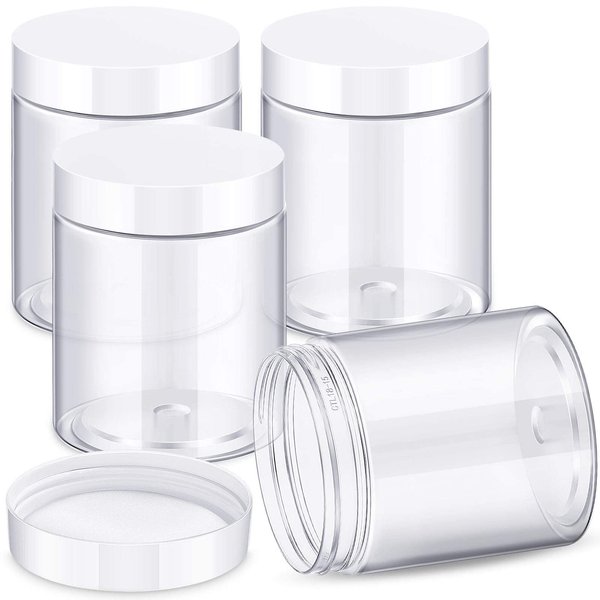 4 Pieces Round Clear Wide-mouth Leak Proof Plastic Container Jars with Lids for Travel Storage Makeup Beauty Products Face Creams Oils Salves Ointments DIY Making or Others (White, 10 Ounce)