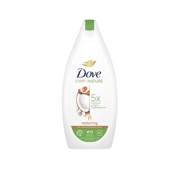Dove Care by Nature Shower Gel, Coconut Oil & Almond Extract Body Wash, 5 Natural Ingredients, Gentle Cleansing, Protects Skin Microbiome 400 ml 13.5 oz