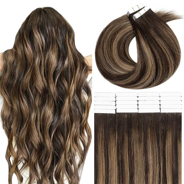 Lacer Tape Extensions Human Hair Rooted Dark Brown to Chestnut Brown Highlight Silky Straight Seamless Double Sided Tape in Extensions 18 Inch 50g 20pcs