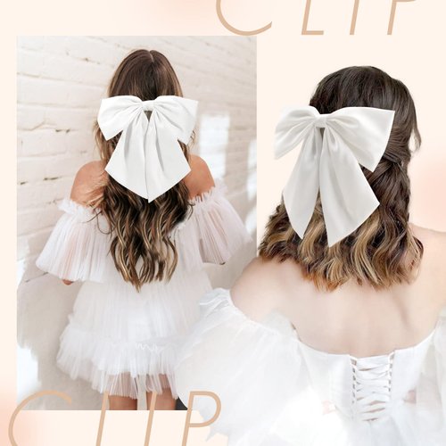 2Pcs Big Satin Hair Bows for Women Girls 10 Inch Barrette Hair Clip Long Black White Silk Ribbon bride Wedding Bows French Style Hair Accessories (Black+White)
