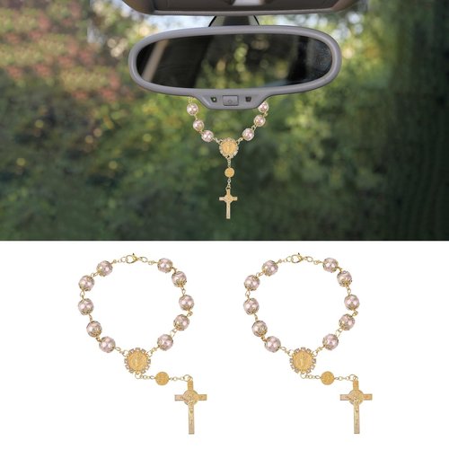 2PCS Car Rosary for Rearview Mirror, Car Rosary with Cross Blessing Rosary Pendant Car Rosary for Rearview Mirror, Personalized Car Hanging Accessories Interior Decors for Women Men