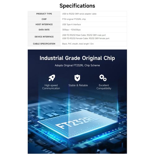 Waveshare Industrial USB to RS232 Adapter with Original FT232RL FTDI Chip, USB Type A to RS232 Female DB9 (9 Pin) Serial Converter Cable for Cashier Register, Modem, Scanner, Digital Cameras, 1.5m