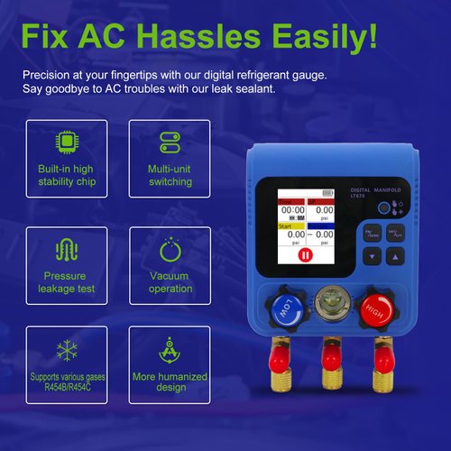 Z LT670 Digital Refrigerant Gauge Set with 92 Refrigerant Data, Dual Pressure Testing, Vacuum Leak Testing, and Backlit TFT LCD Display
