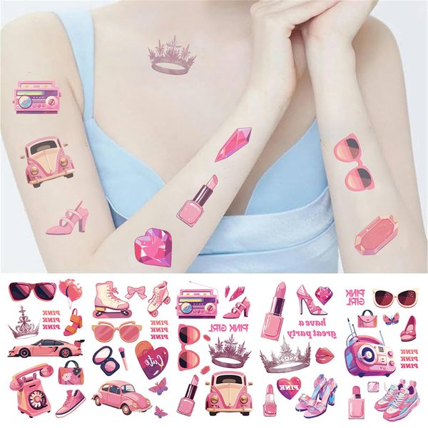 10 Sheet Pink Pastel Temporary Tattoos for Girls, Birthday Party Decorations Supplies Party Favors Tattoo Sticker Style Sweet Gift for Kids Cute Prizes Themed Game Activities Reward (Pink)