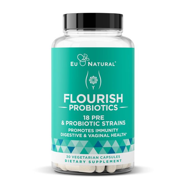 Flourish Probiotics + Prebiotics for Women – Gut and Digestion, Urinary Tract, Reduce Bloating, Vaginal Health – 18 Clinically Proven Strains, 14 Billion CFU – 30 Shelf-Stable Mini Vegan Capsules