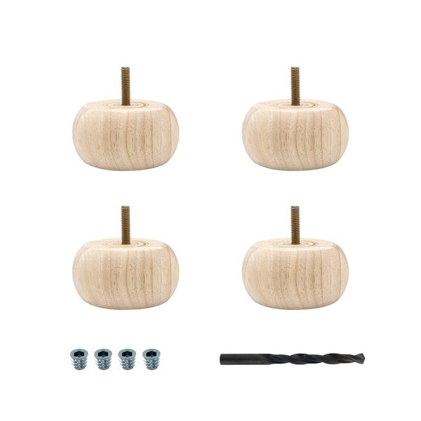 OUTWATER Architectural Products BUN32-UN 1-7/8 in. x 3-5/8 in. Unfinished Solid Hardwood Round Bun Foot 4 Pack with 4 Free Insert Nuts and Drill Bit