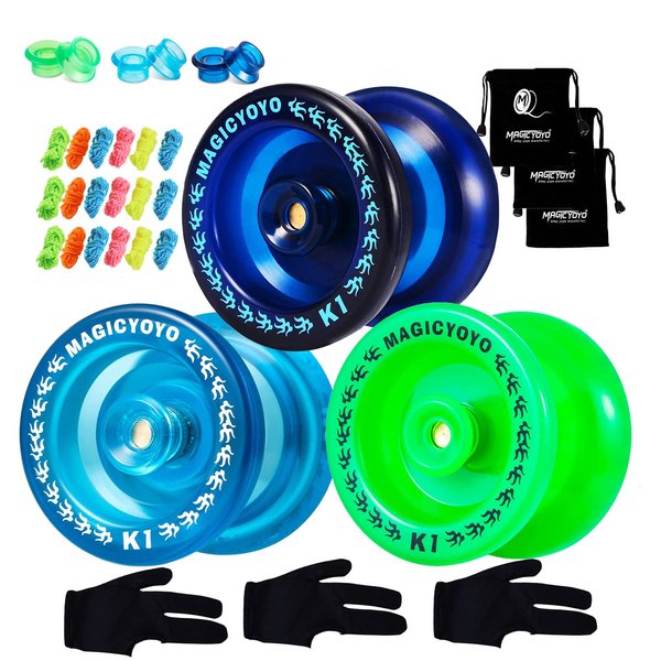 Pack of 3 Beginner Yoyos for Kids, MAGICYOYO K1-Plus Responsive YoYos with 3 Yoyo Gloves, 3 Yoyo Bags, 18 Strings, All in A Gift Box