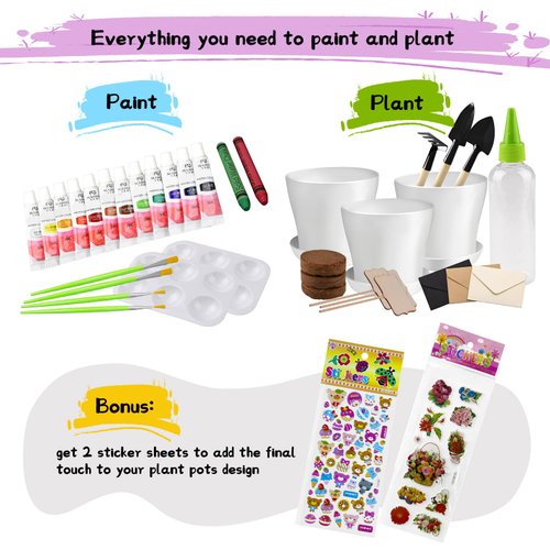 Paint & Plant Children’s Gardening Kit for Girls Boys Toys Garden Flower Gardening Gift for Kids Flower Pots Seeds Art Craft Grow Garden Planting Set for Kids Age 4 5 6 7 8 9 10 11 12 13 14 Years Old