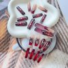 Dark Red Halloween Press on Nails Long Square Shape Fake Nails with Spider Web Designs Halloween Red French Tip False Nails 3D Spider Skull Stick on Nails Long Halloween Glue on Nails for Women