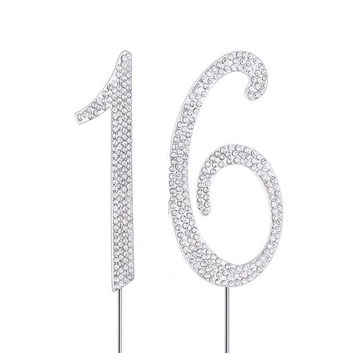 MAGJUCHE Silver 16" Crystal Cake Topper, Number 16 Rhinestones 16th Birthday Cake Topper, Boy or Girl Birthday or 16th Anniversary Party Decoration Supply