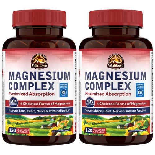 Vitalitown Magnesium Complex Supplement 500mg - NSF Certified Magnesium Glycinate, Malate, Taurate & Citrate - Chelated High Absorption & Gentle on Stomach - Vegan Non-GMO 2 Packs 240 Capsules