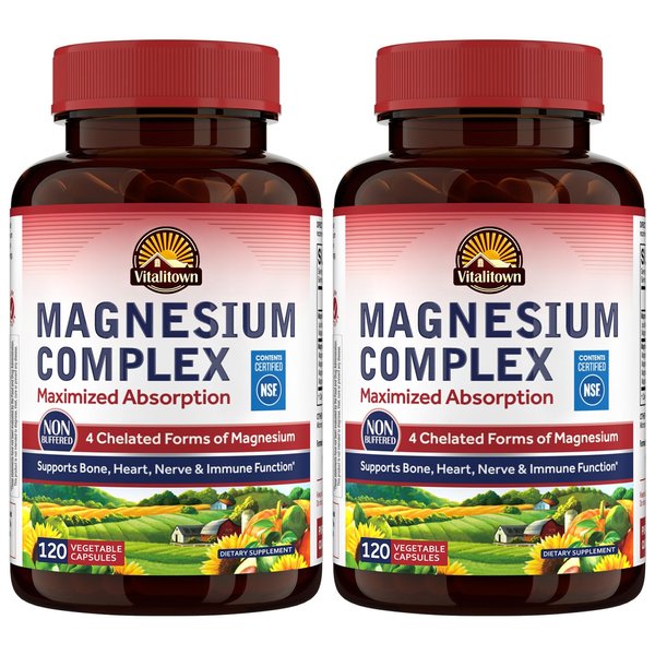 Vitalitown Magnesium Complex Supplement 500mg - NSF Certified Magnesium Glycinate, Malate, Taurate & Citrate - Chelated High Absorption & Gentle on Stomach - Vegan Non-GMO 2 Packs 240 Capsules